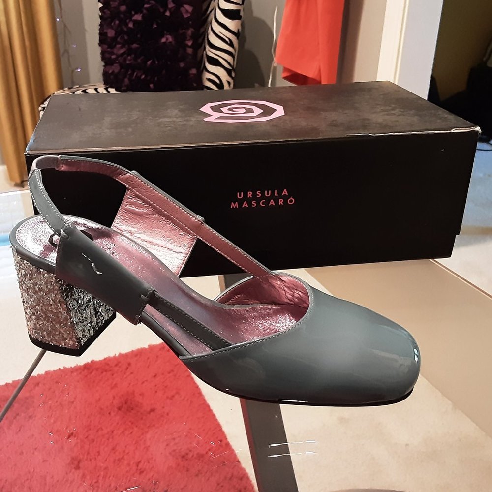 URSULA MASCARO ITALIAN BLUE PATENT LEATHER GLITTERED SILVER BLOCK SLINGBACK 8/39